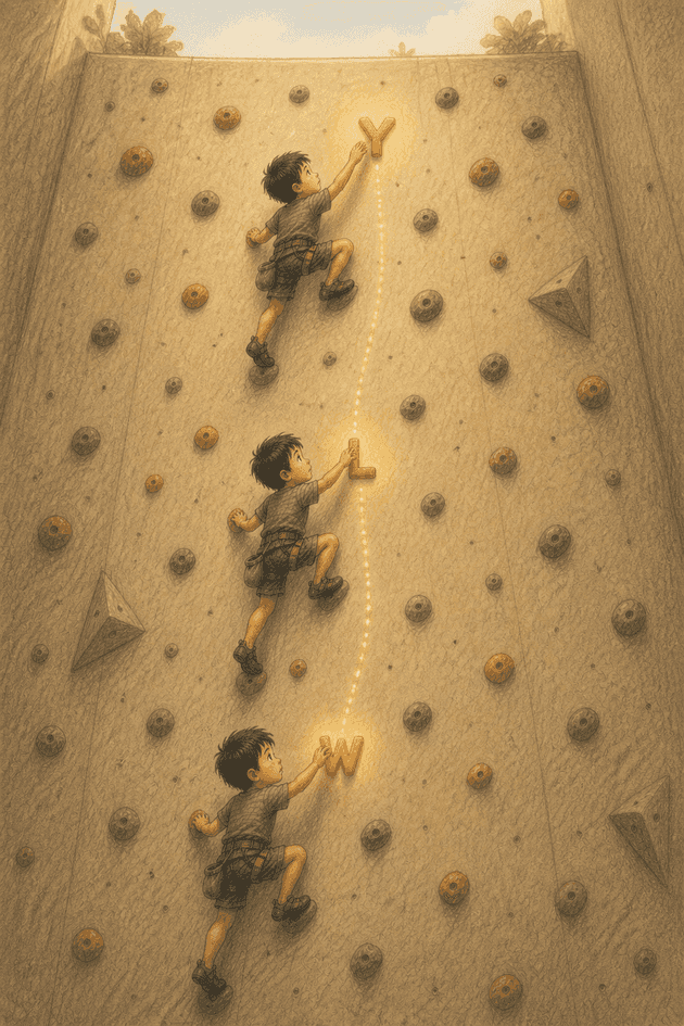 A vertical view of the wall showing the boy at three stacked positions as he climbs: first reaching a W hold near the bottom, then an L hold higher up, then a Y hold near the top, with faint dotted lines connecting them into a path.
